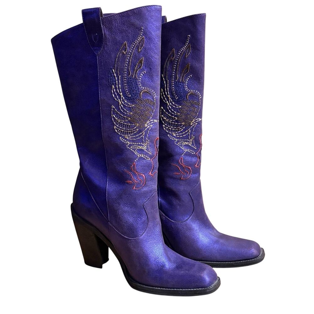 Gianni Bini Boots Size 8.5 Metallic Purple Embroidered Mid Length Heel Western